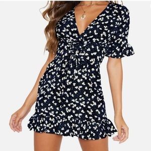 Pretty Little Thing Dress Size 8 Navy Ditsy Floral Print Corset Swing Zipper bac